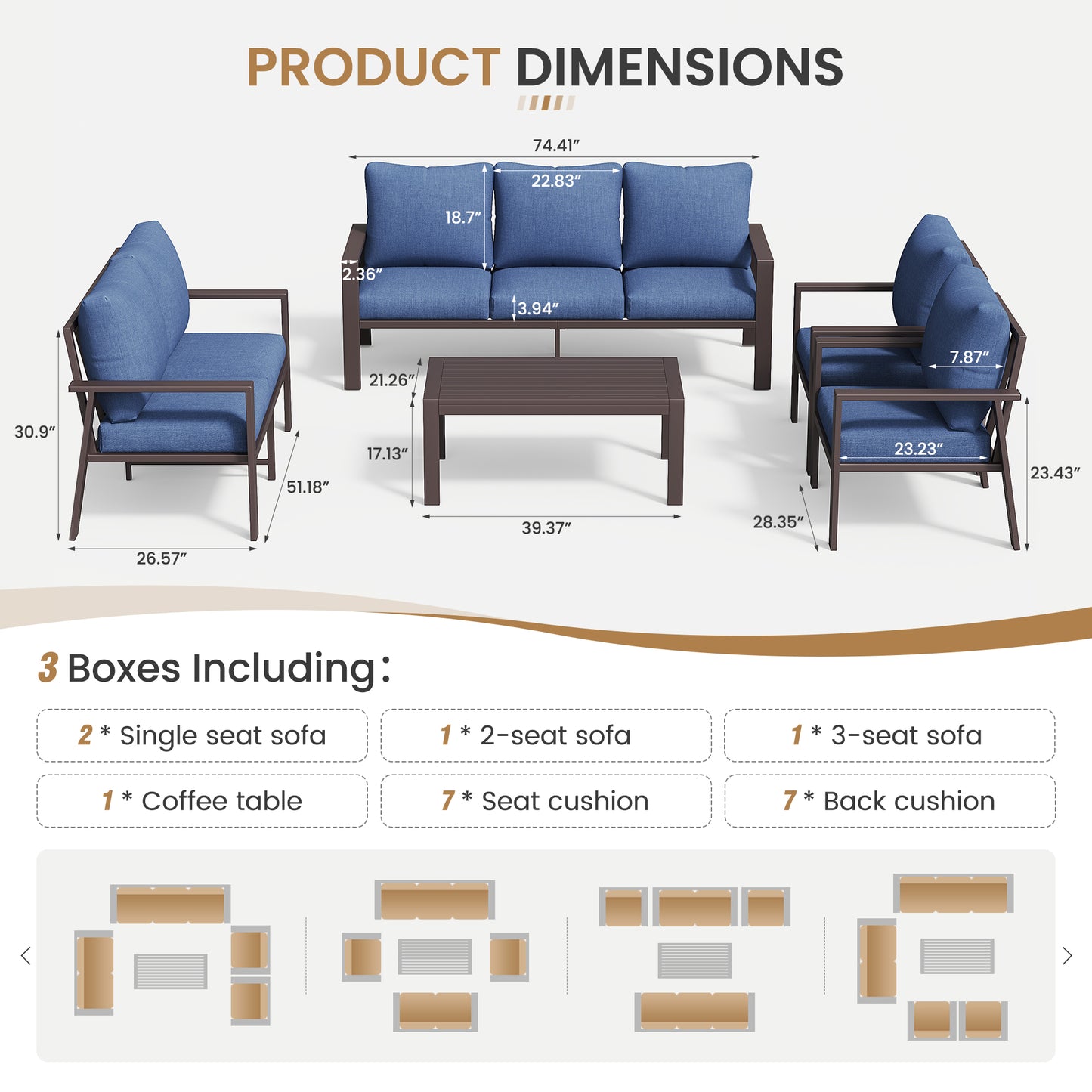 5-Piece Outdoor Furniture All-Weather Aluminum Patio Conversation Set with Coffee Table Rust-Proof Sectional Sofa Set with Removable Cushion for Deck, Backyard, Poolside & Small Spaces