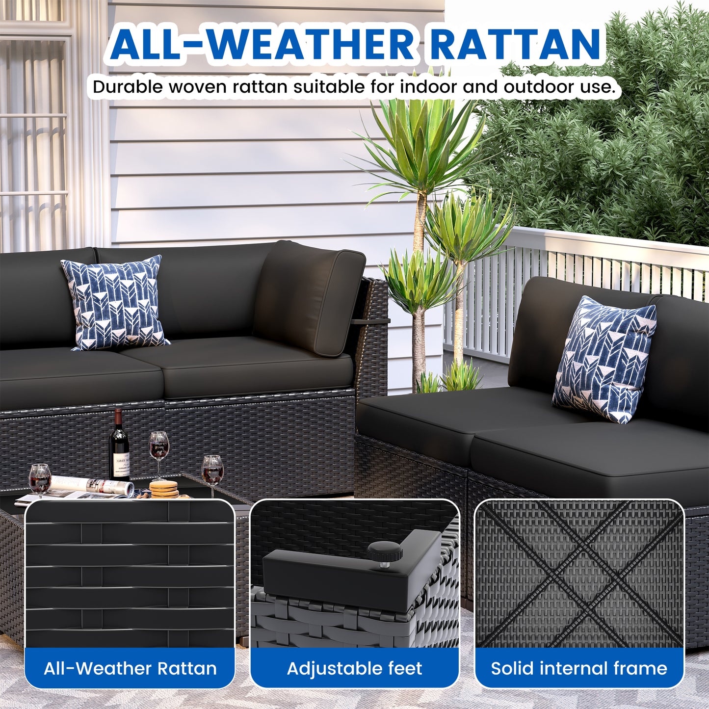 VONZOY Patio Furniture Sets, 7-Piece Outdoor Patio Furniture with Thick Cushions,Coffee Table Outdoor All-Weather Conversation Set Sectional Sofa for Backyard, Poolside, Garden(Black)
