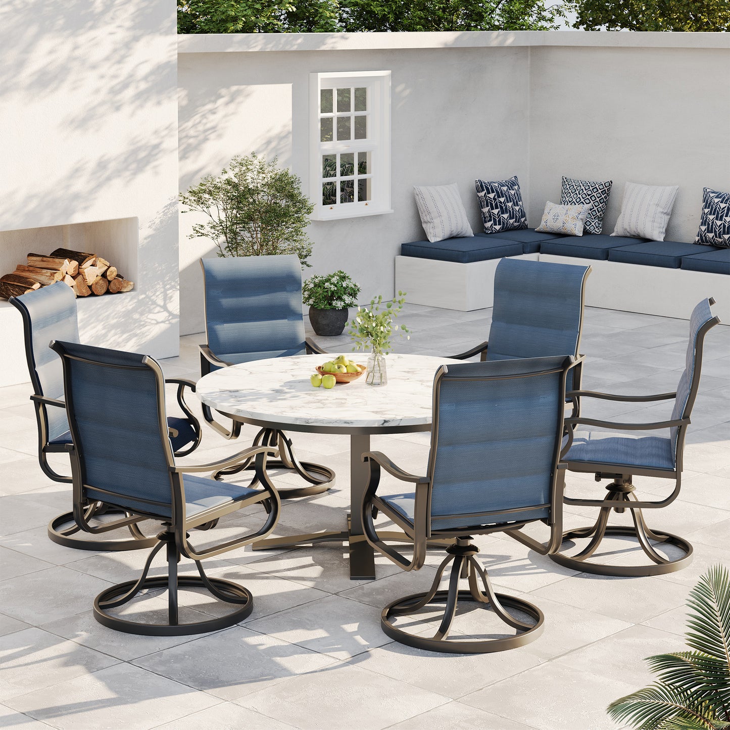 VONZOY Patio Swivel Chairs Set of 6, Outdoor Dining Chairs with High Back, All-weather Swivel Rocker Chair for Lawn, Porch or Garden (Padded Navy)