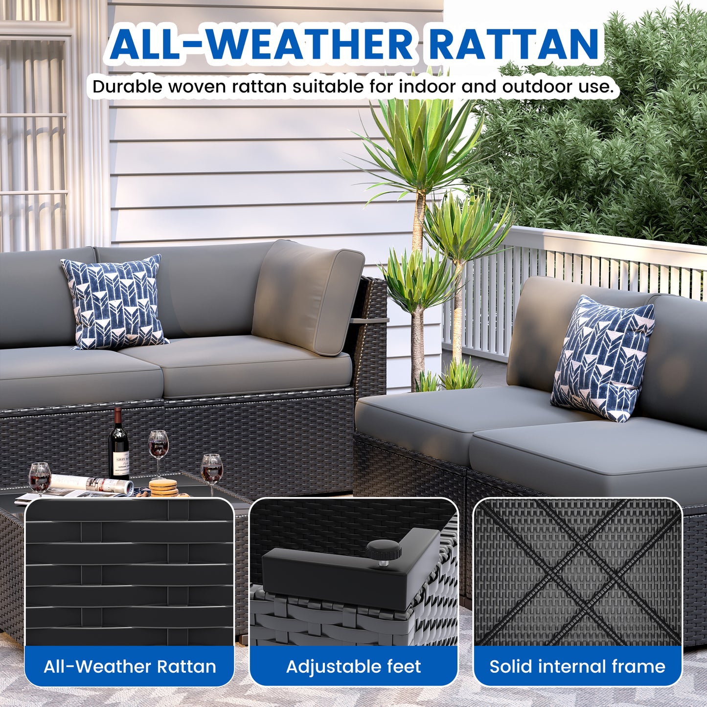 VONZOY Patio Furniture Sets, 7-Piece Outdoor Patio Furniture with Thick Cushions,Coffee Table Outdoor All-Weather Conversation Set Sectional Sofa for Backyard, Poolside, Garden(Grey)