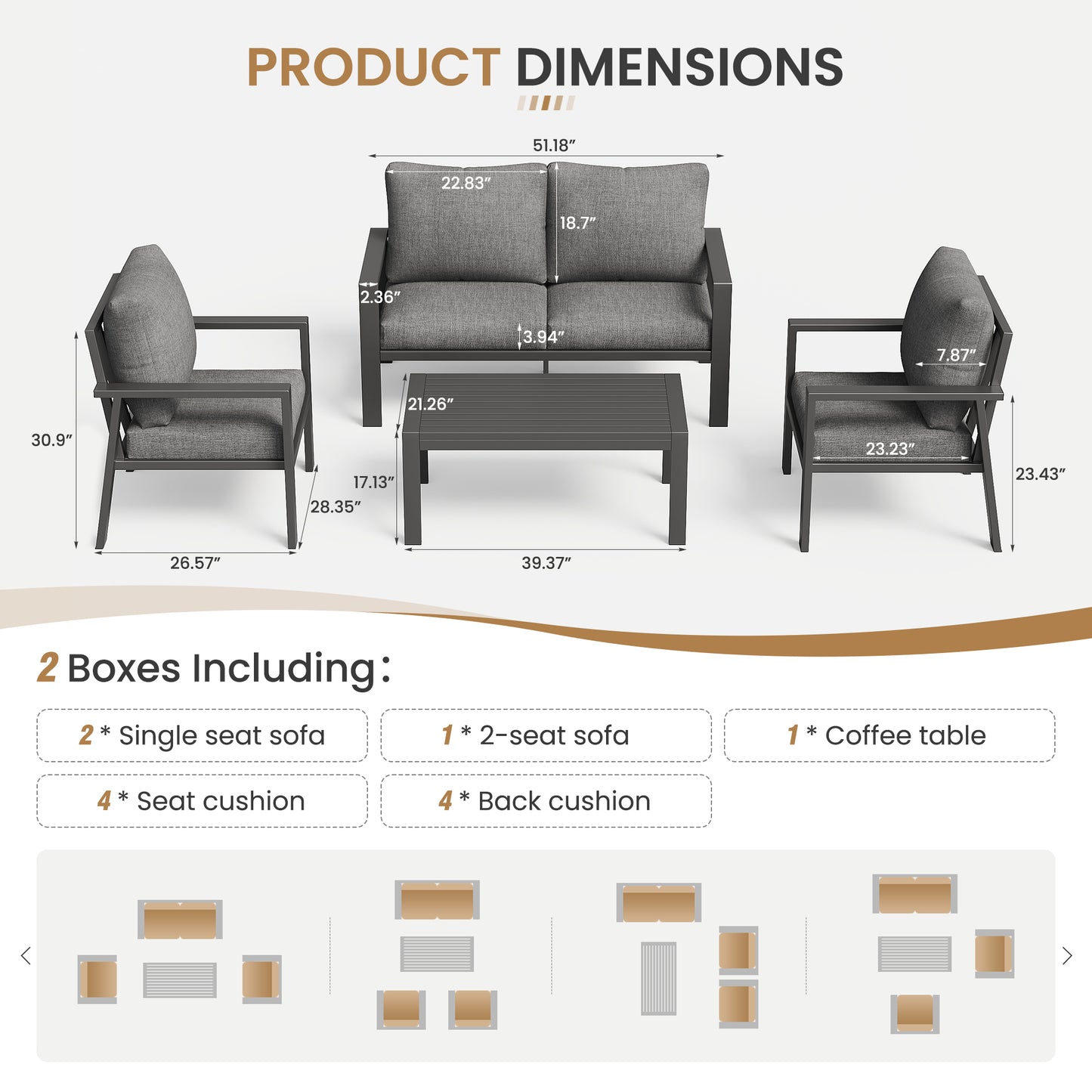 4-Piece Aluminum Patio Conversation Sets All-Weather Sectional Outdoor Furniture Set with Coffee Table & Cushions with Removable Covers for for Backyard, Garden and Poolside Easy Assembly(Gray)