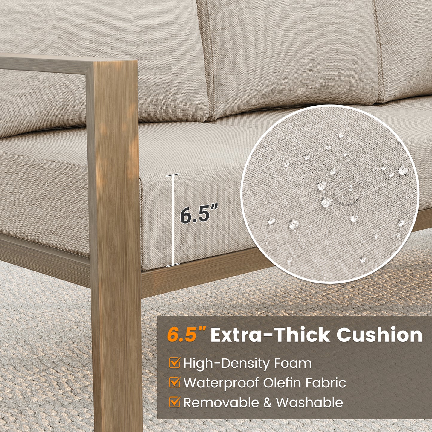 VONZOY 6 Pieces Patio Furniture Set, Wood-Look Metal Outdoor Sectional Furniture Conversation Set, L Shape Patio Couch with Side Table, 6.5" Thick Olefin Cushions for Garden, Backyard, Deck(Beige)