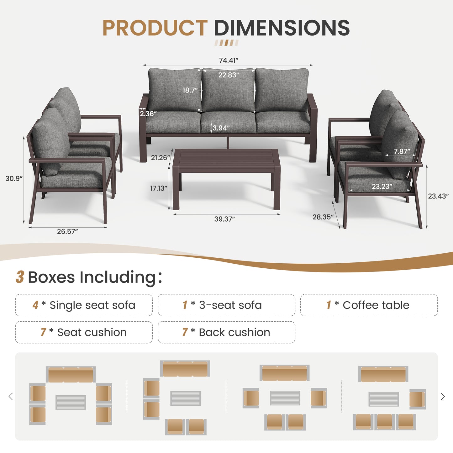 Aluminum Patio Conversation Set with Coffee Table Deck Outdoor Furniture All-Weather Rust-Proof 6-Piece Sectional Sofa Set with Removable Cushion for Backyard, Poolside & Small Spaces