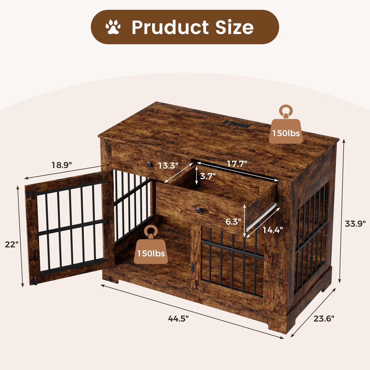 44.5" Dog Crate Furniture with Charging Station & 2 Drawers, Heavy-Duty Wooden Dog House Indoor Dog Kennel End Table with Double-Door Pet Cage for Small/Medium Dogs