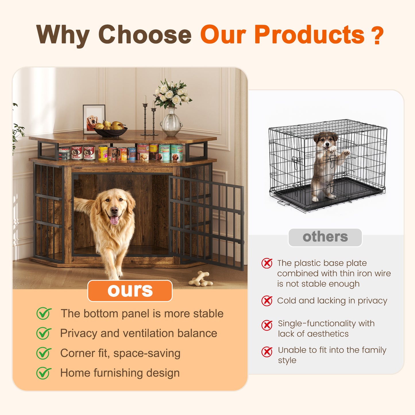Corner Dog Crate Furniture with 2-Tier Shelves，51" Large Dog Kennel Indoor Wooden End Table, Modern Dog Cage Decorative Pet House TV Stand, Rustic Brown