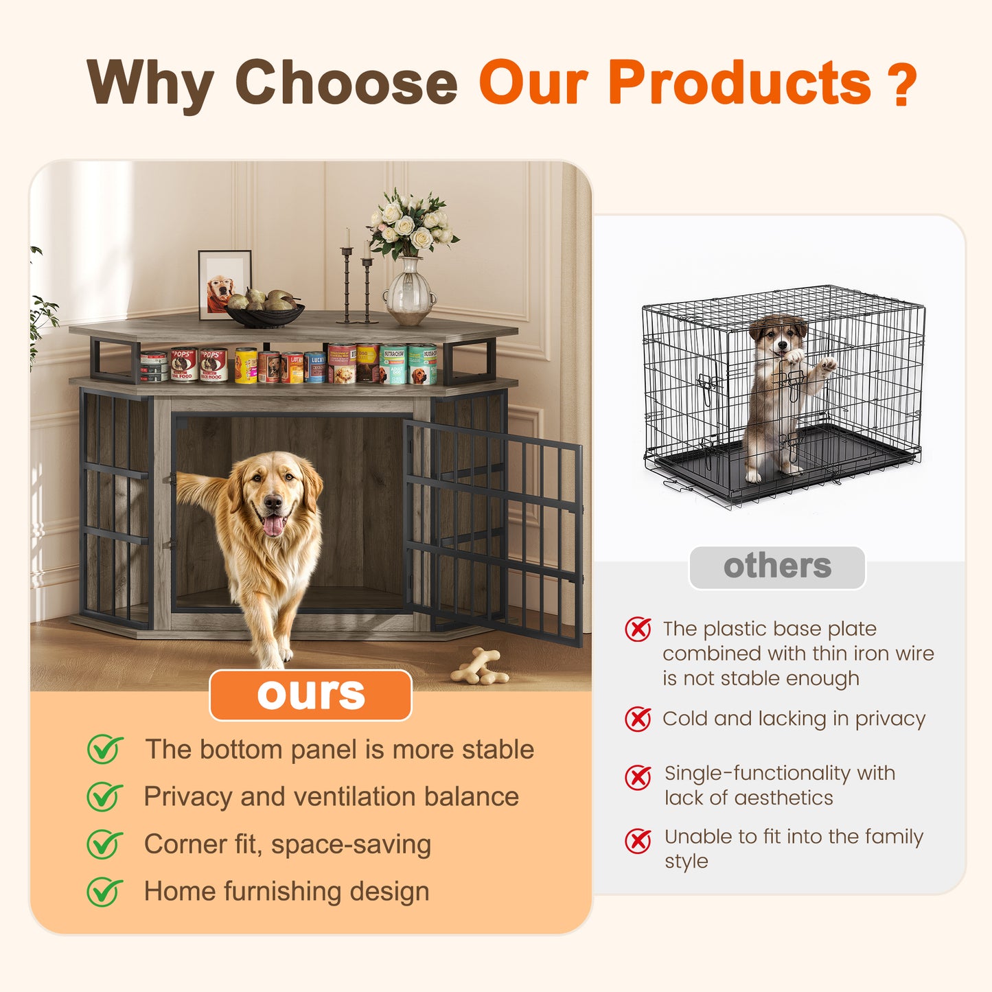Corner Dog Crate Furniture with 2-Tier Shelves，51" Large Dog Kennel Indoor Wooden TV Stand, Modern Dog Cage Decorative Pet House