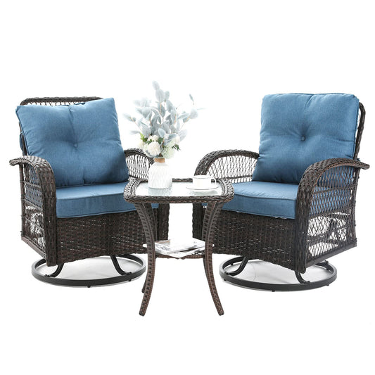 Patio Furniture Set 3 Pieces, Outdoor Swivel Glider Rocker Bistro Set, Blue