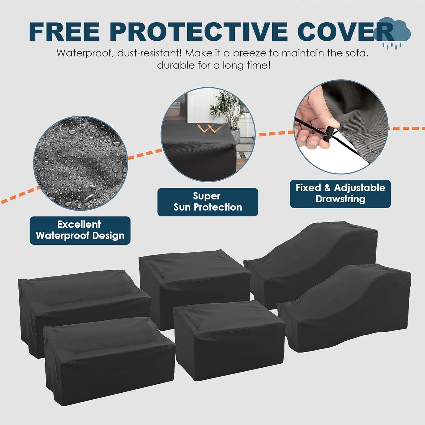 Patio Furniture Set, 6 Pieces Outdoor Sectional Sofa Conversation Sets Modern Wicker Seating Set, 4'' Thickened Cushions 1 Glass Coffee Table for Backyard Poolside, Navy Blue