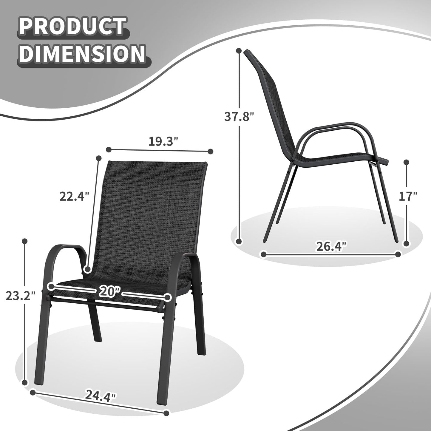 VONZOY Patio Dining Chairs Set of 4, Stackable Dining Chairs High Back, Breathable Seat Fabric and Alloy Steel Frame Fit Backyard, Porch, Lawn，Poolside (Dark Grey)