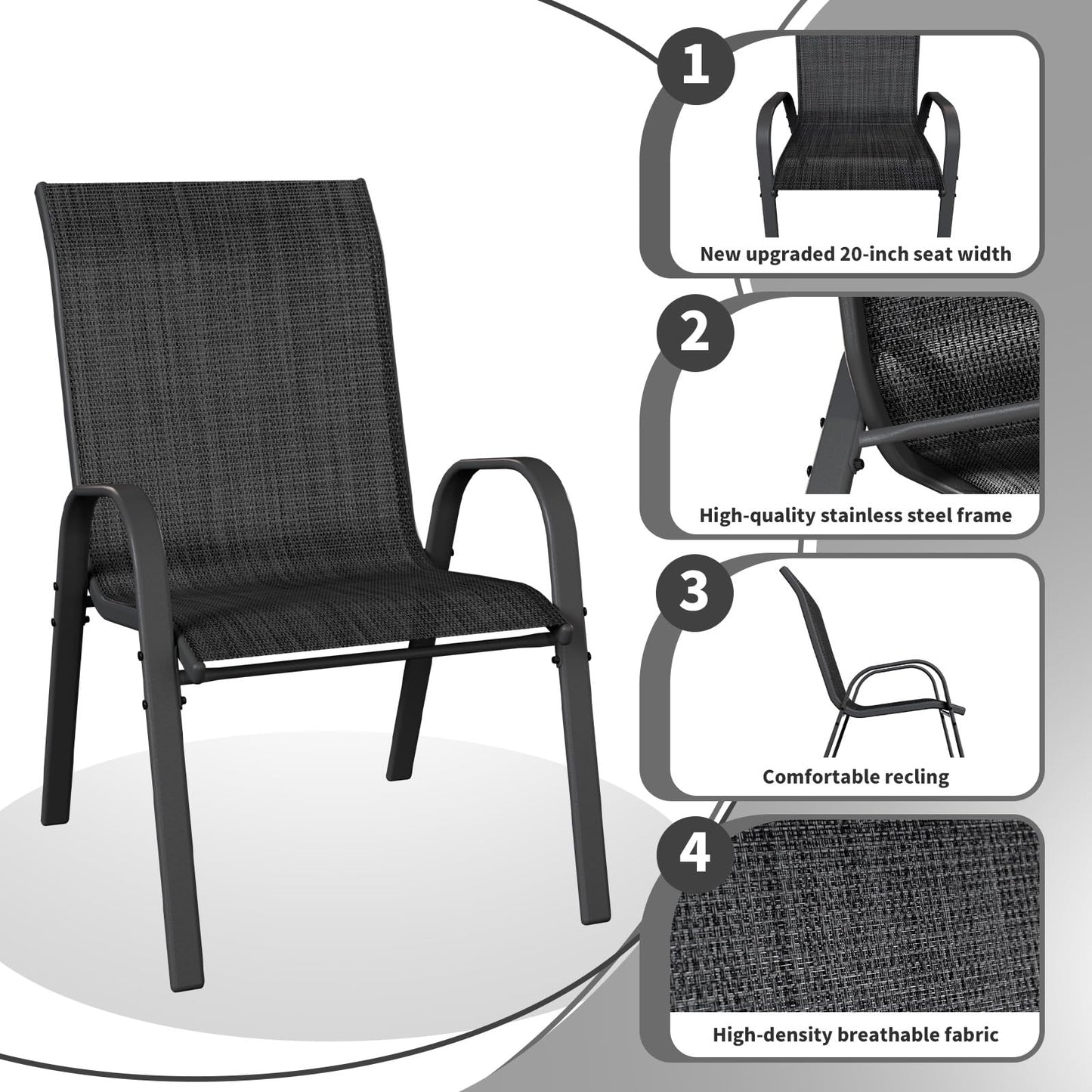 VONZOY Patio Dining Chairs Set of 4, Stackable Dining Chairs High Back, Breathable Seat Fabric and Alloy Steel Frame Fit Backyard, Porch, Lawn，Poolside (Dark Grey)