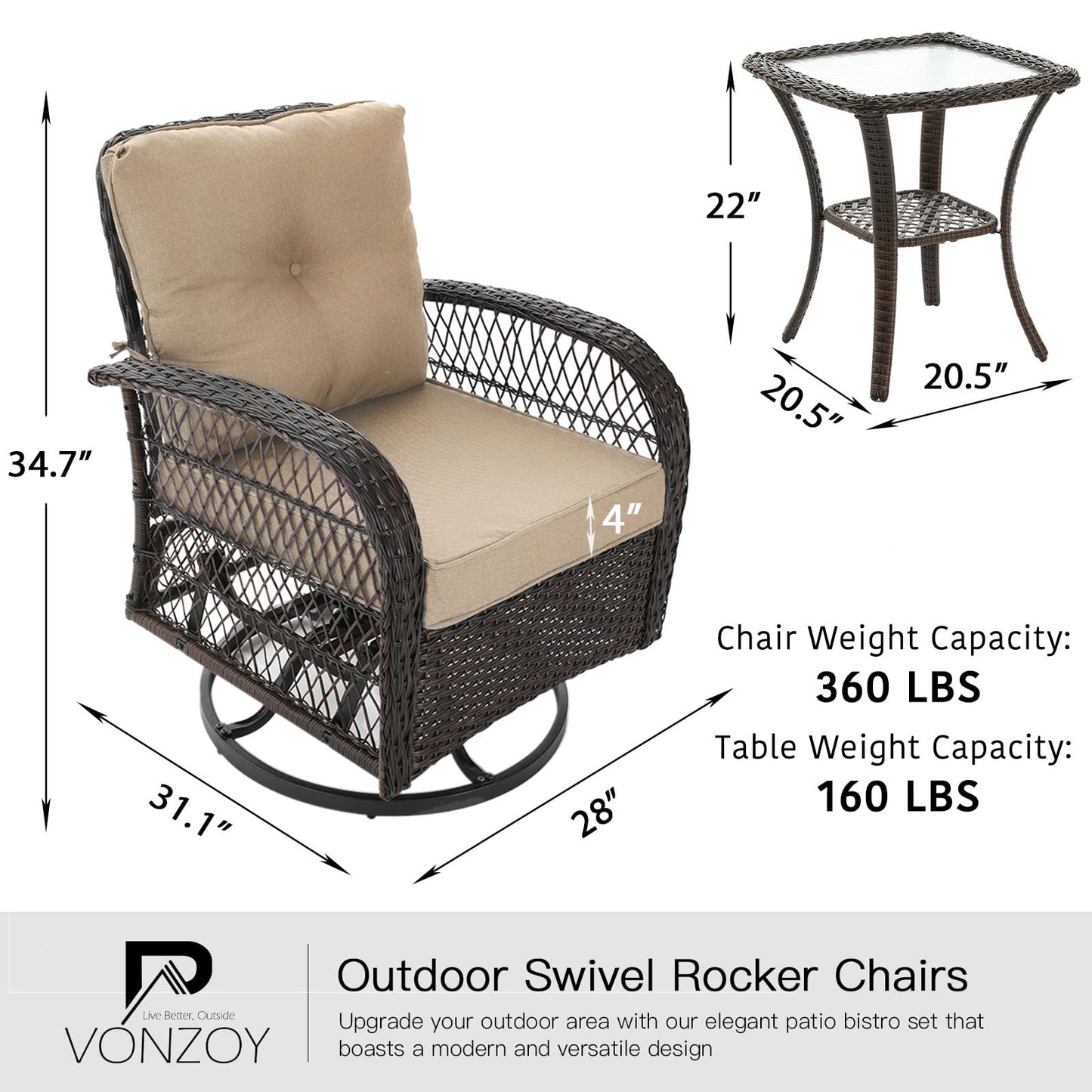 VONZOY 3 Pieces Patio Furniture Set, Outdoor Swivel Glider Rocker, Wicker Patio Bistro Set with Rocking Chair, Thickened Cushions and Table for Porch (Khaki)