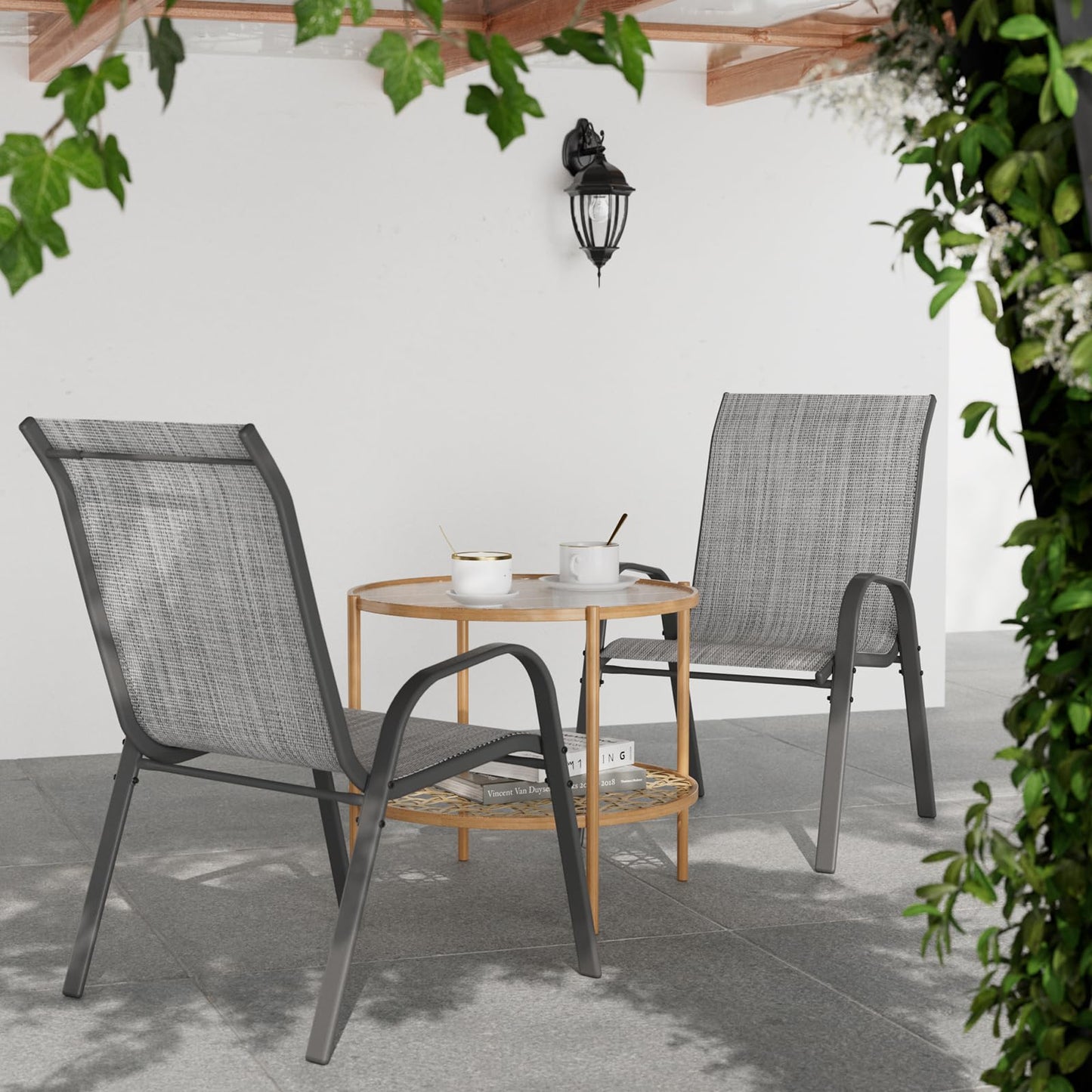 VONZOY Patio Dining Chairs Set of 4, Stackable Dining Chairs High Back, Breathable Seat Fabric and Alloy Steel Frame for Backyard, Porch, Garden, Sunroom (Grey)