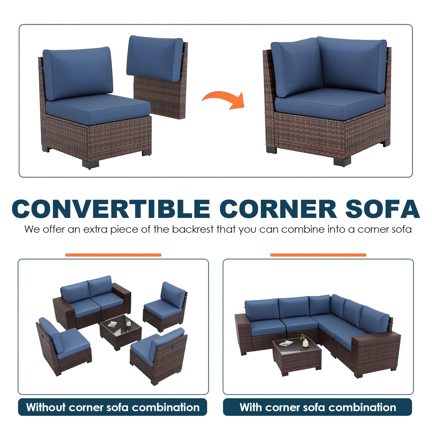 Patio Furniture Set, 6 Pieces Outdoor Sectional Sofa Conversation Sets Modern Wicker Seating Set, 4'' Thickened Cushions 1 Glass Coffee Table for Backyard Poolside, Navy Blue