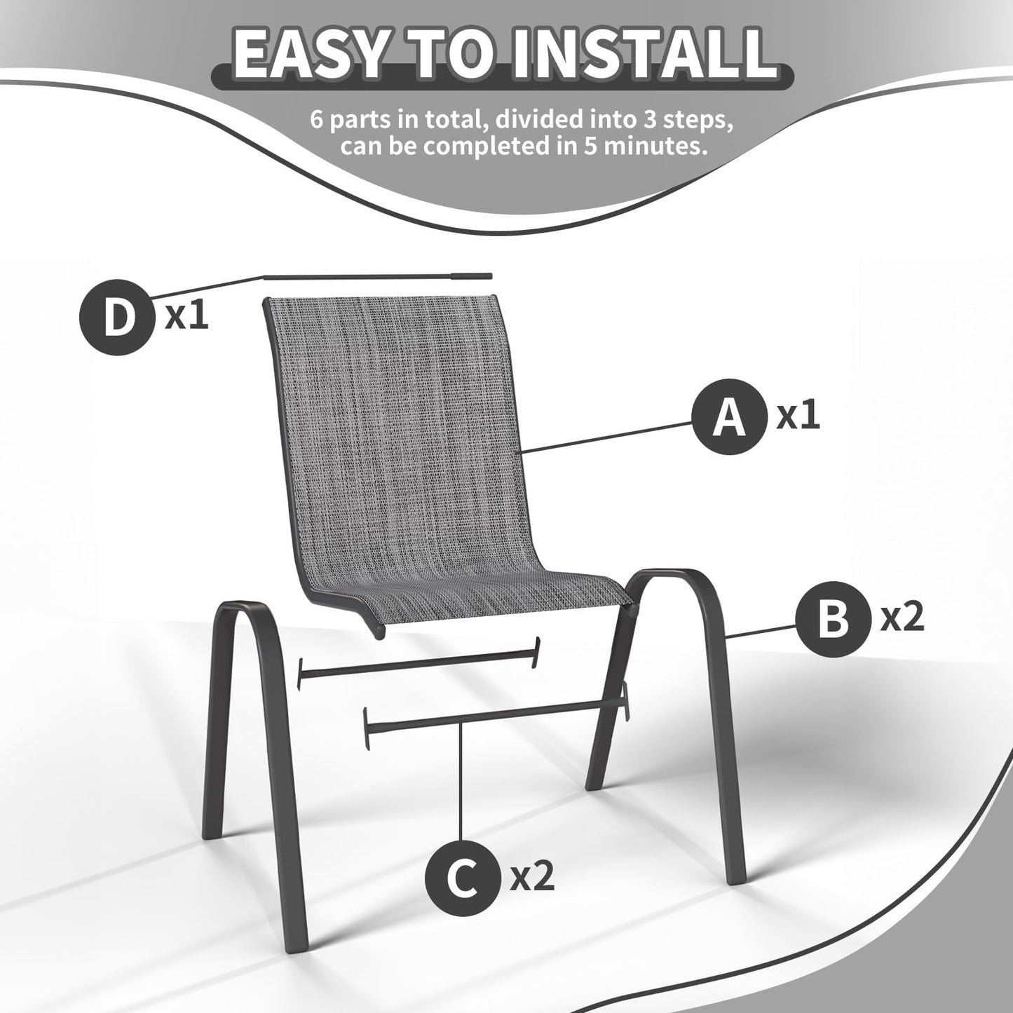 Patio Dining Chairs Set of 2, Outdoor High Stacking Chairs for All Weather, Breathable Seat Fabric and Alloy Steel Frame for Backyard, Porch, Garden(Grey)