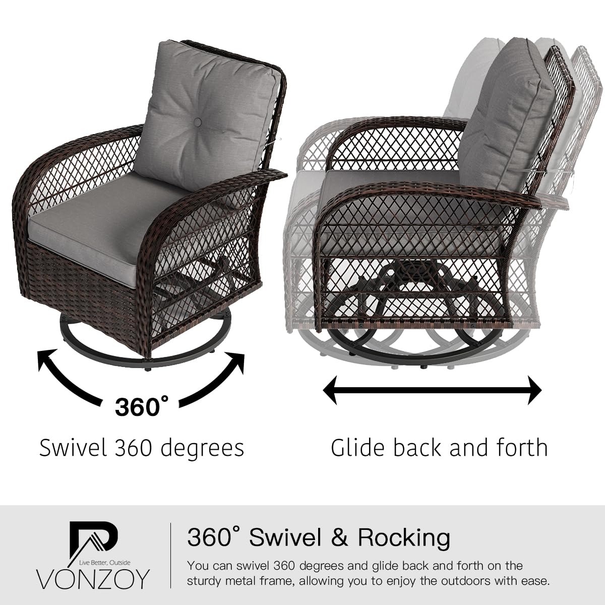 VONZOY 3 Pieces Patio Furniture Set, Outdoor Swivel Glider Rocker, Wicker Patio Bistro Set with Rocking Chair, Thickened Cushions and Table for Porch (Grey)