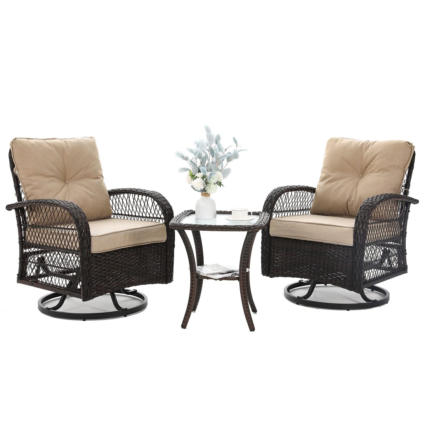 VONZOY 3 Pieces Patio Furniture Set, Outdoor Swivel Glider Rocker, Wicker Patio Bistro Set with Rocking Chair, Thickened Cushions and Table for Porch (Khaki)