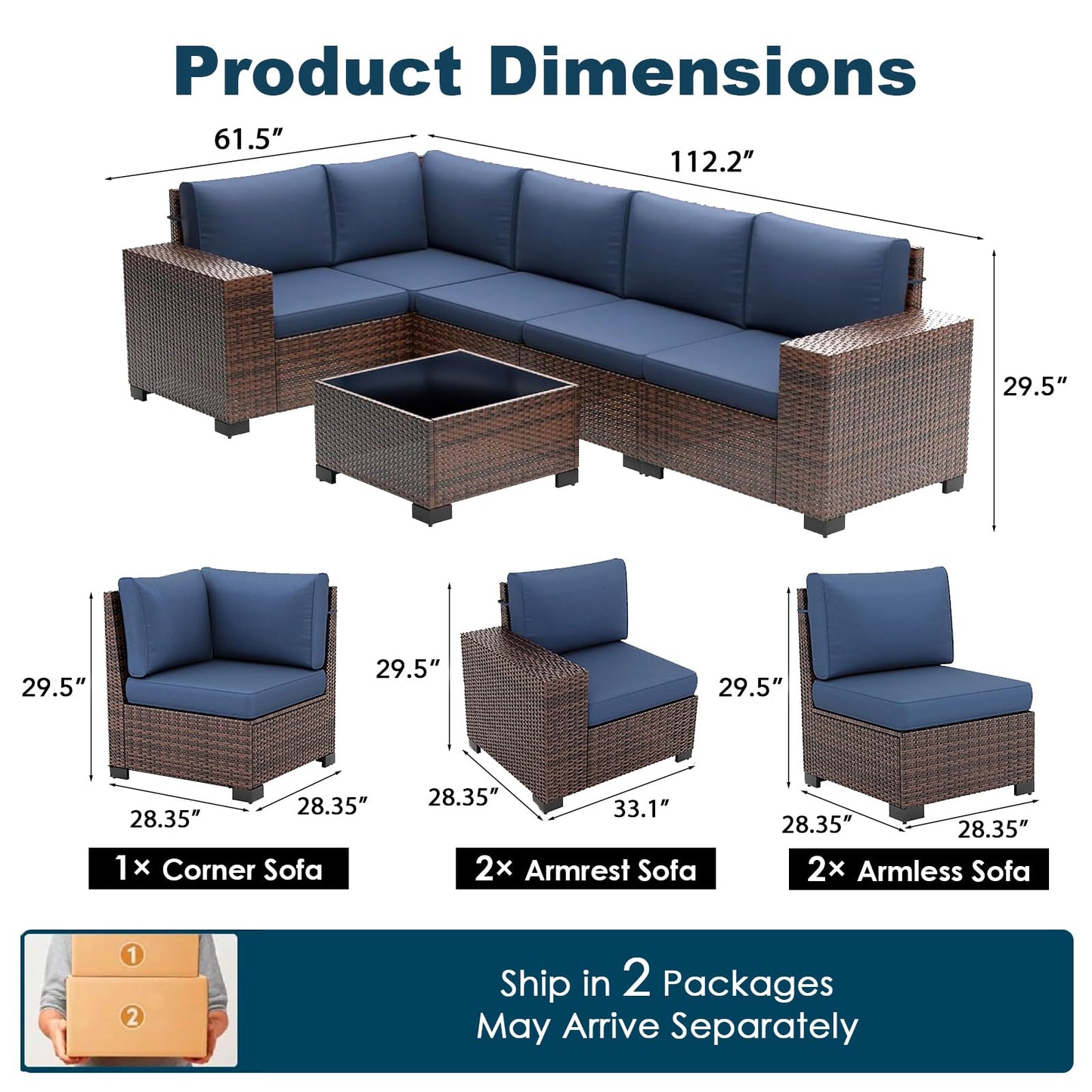 Patio Furniture Set, 6 Pieces Outdoor Sectional Sofa Conversation Sets Modern Wicker Seating Set, 4'' Thickened Cushions 1 Glass Coffee Table for Backyard Poolside, Navy Blue