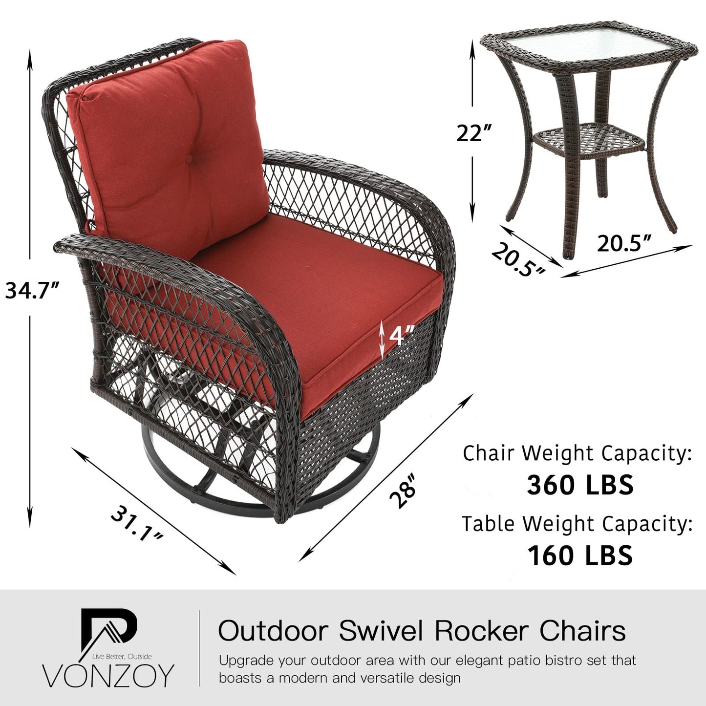 VONZOY 3 Pieces Patio Furniture Set, Outdoor Swivel Glider Rocker, Wicker Patio Bistro Set with Rocking Chair, Thickened Cushions and Table for Porch (Red)