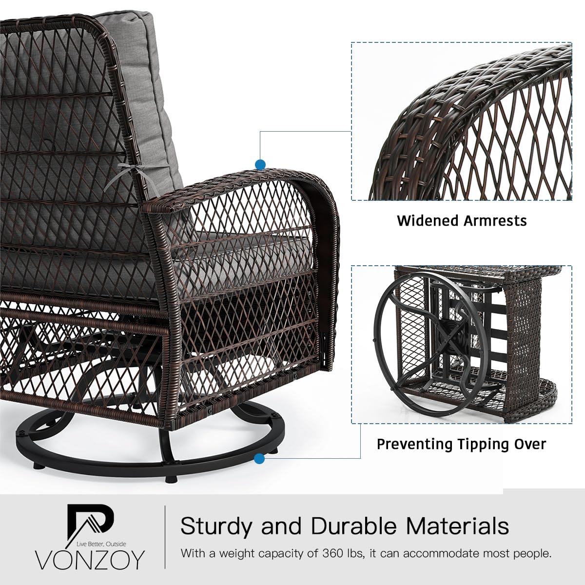 VONZOY 3 Pieces Patio Furniture Set, Outdoor Swivel Glider Rocker, Wicker Patio Bistro Set with Rocking Chair, Thickened Cushions and Table for Porch (Grey)