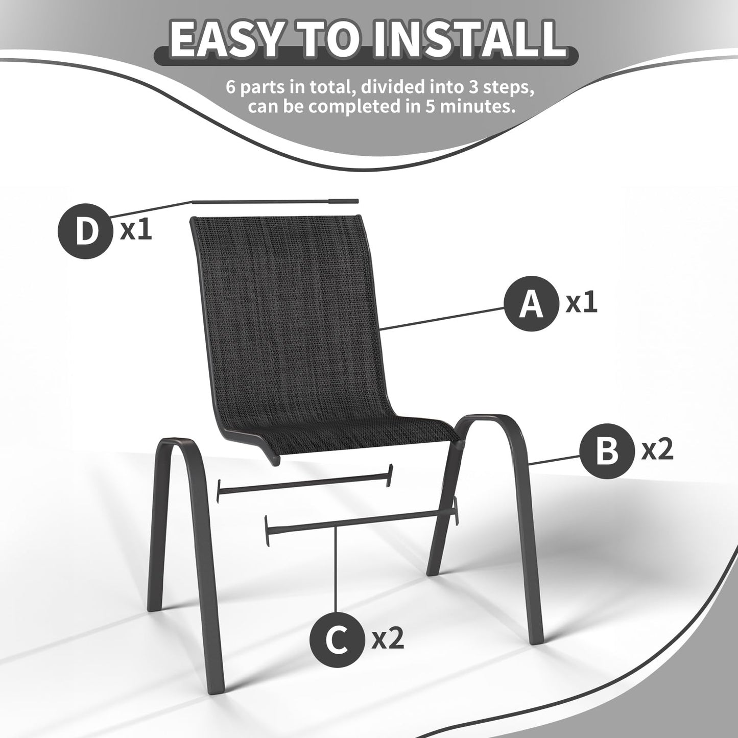 VONZOY Patio Dining Chairs Set of 4, Stackable Dining Chairs High Back, Breathable Seat Fabric and Alloy Steel Frame Fit Backyard, Porch, Lawn，Poolside (Dark Grey)