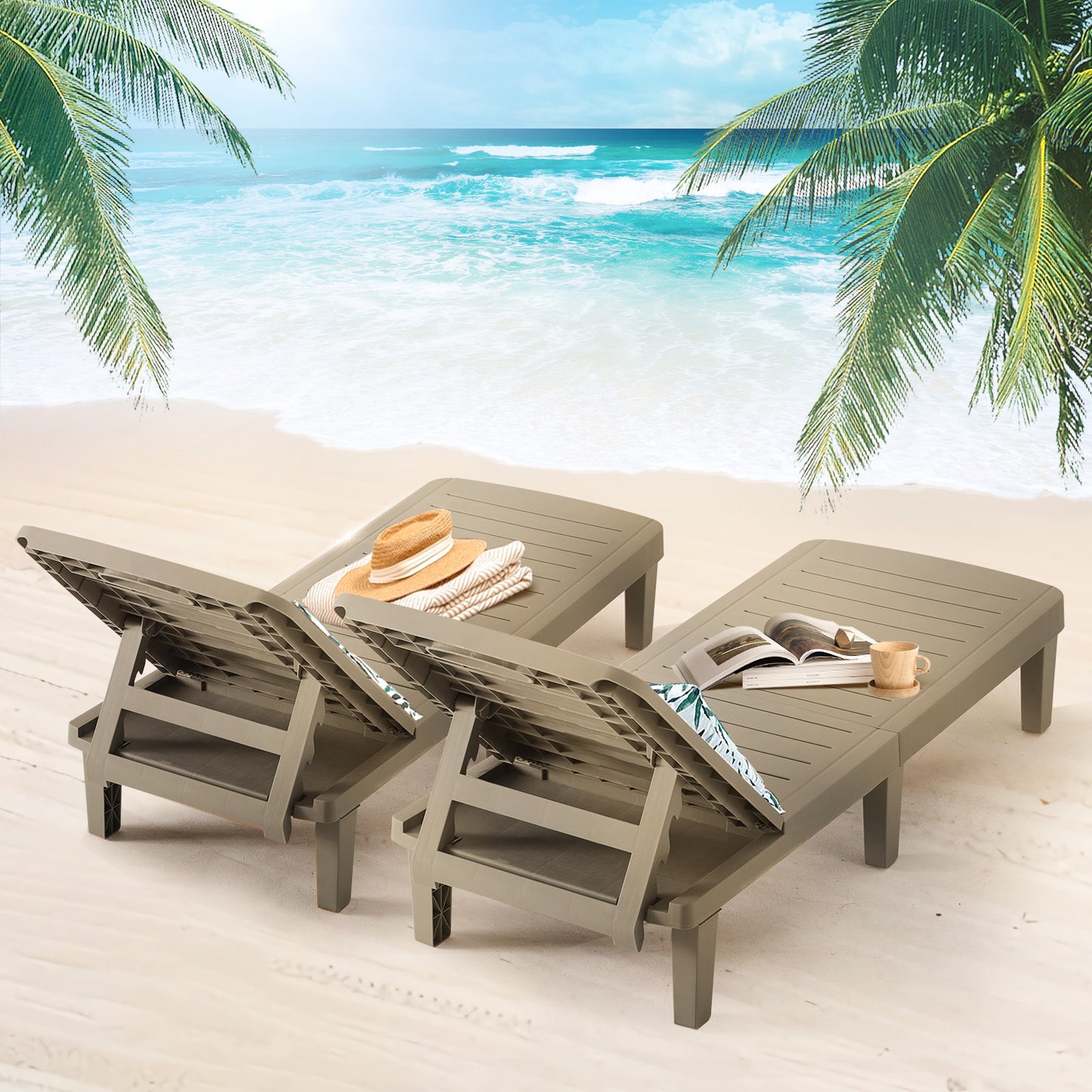 VONZOY Oversized Chaise Lounge Chair Outdoor Set of 2, Resin Patio Lounge Chair with 5 Adjustable Backrest, Pool Chaser Lounge Chair with Storage Rack for Deck, Indoor, Garden