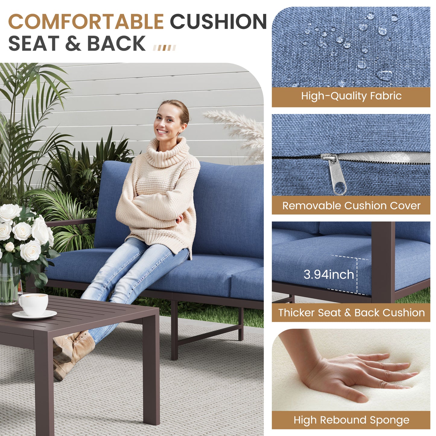 5-Piece Outdoor Furniture All-Weather Aluminum Patio Conversation Set with Coffee Table Rust-Proof Sectional Sofa Set with Removable Cushion for Deck, Backyard, Poolside & Small Spaces