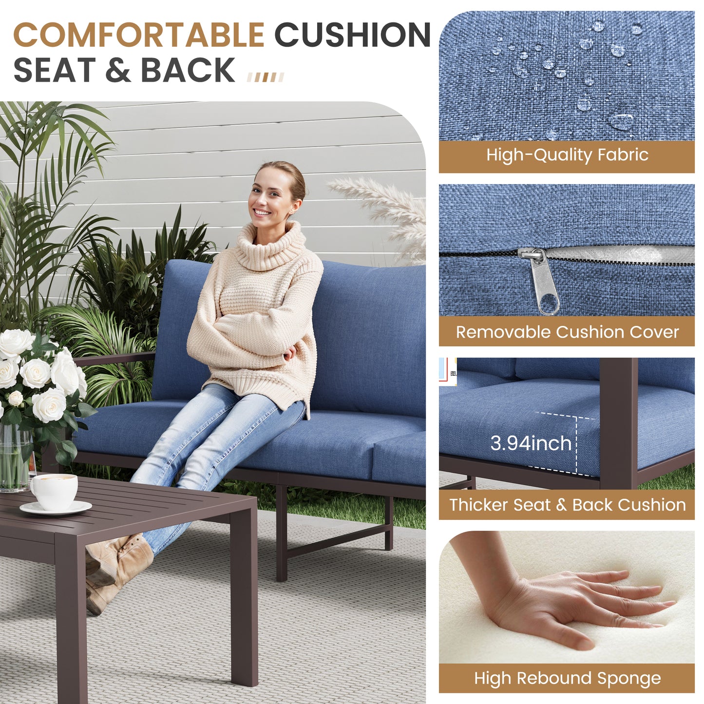 Aluminum Patio Conversation Set with Coffee Table Deck Outdoor Furniture All-Weather Rust-Proof 6-Piece Sectional Sofa Set with Removable Cushion for Backyard, Poolside & Small Spaces