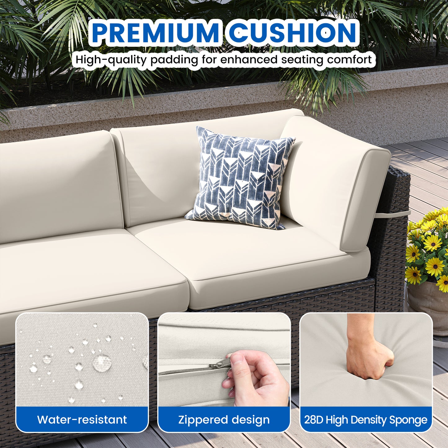 VONZOY 8-Piece Patio Furniture Set with 44” Fire Pit Table - All-Weather Wicker Conversation Sectional Sofa & Coffee Table with Thickened Cushions for Backyard, Garden(Beige)