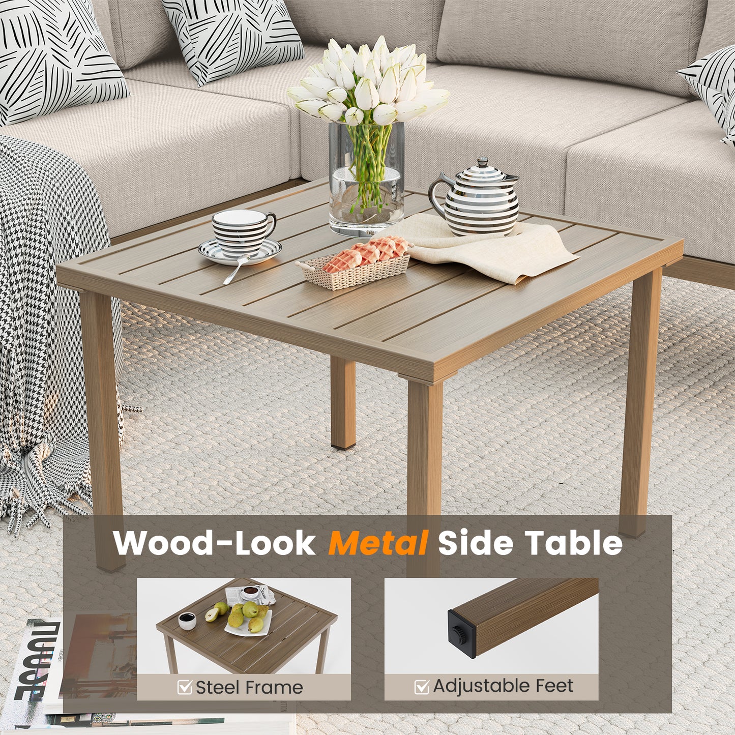 VONZOY 6 Pieces Patio Furniture Set, Wood-Look Metal Outdoor Sectional Furniture Conversation Set, L Shape Patio Couch with Side Table, 6.5" Thick Olefin Cushions for Garden, Backyard, Deck(Beige)