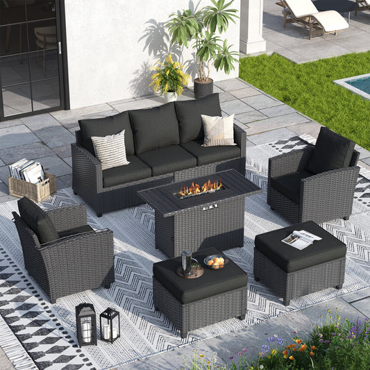 VONZOY 6 Pcs Patio Furniture Set with 44" Propane Gas Fire Pit Table, Rattan Outdoor Couch with Ottomans, 4" Thick Cushions for Backyard Garden Deck.Black