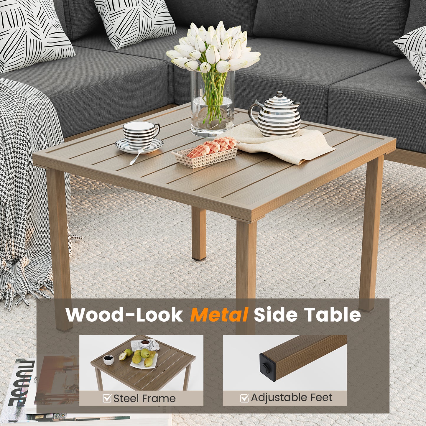 VONZOY 6 Pieces Patio Furniture Set, Wood-Look Metal Outdoor Sectional Furniture Conversation Set, L Shape Patio Couch with Side Table, 6.5" Thick Olefin Cushions for Garden, Backyard, Deck(Dark Grey)