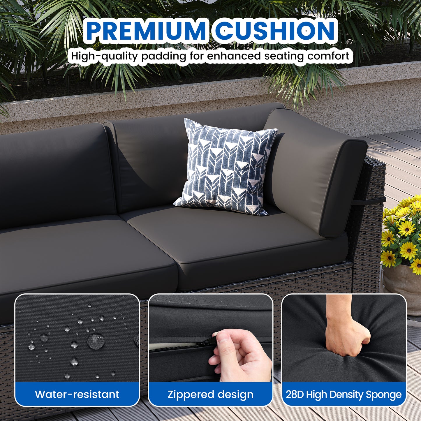VONZOY 8-Piece Patio Furniture Set with 44” Fire Pit Table - All-Weather Wicker Conversation Sectional Sofa & Coffee Table with Thickened Cushions for Backyard, Garden(Black)