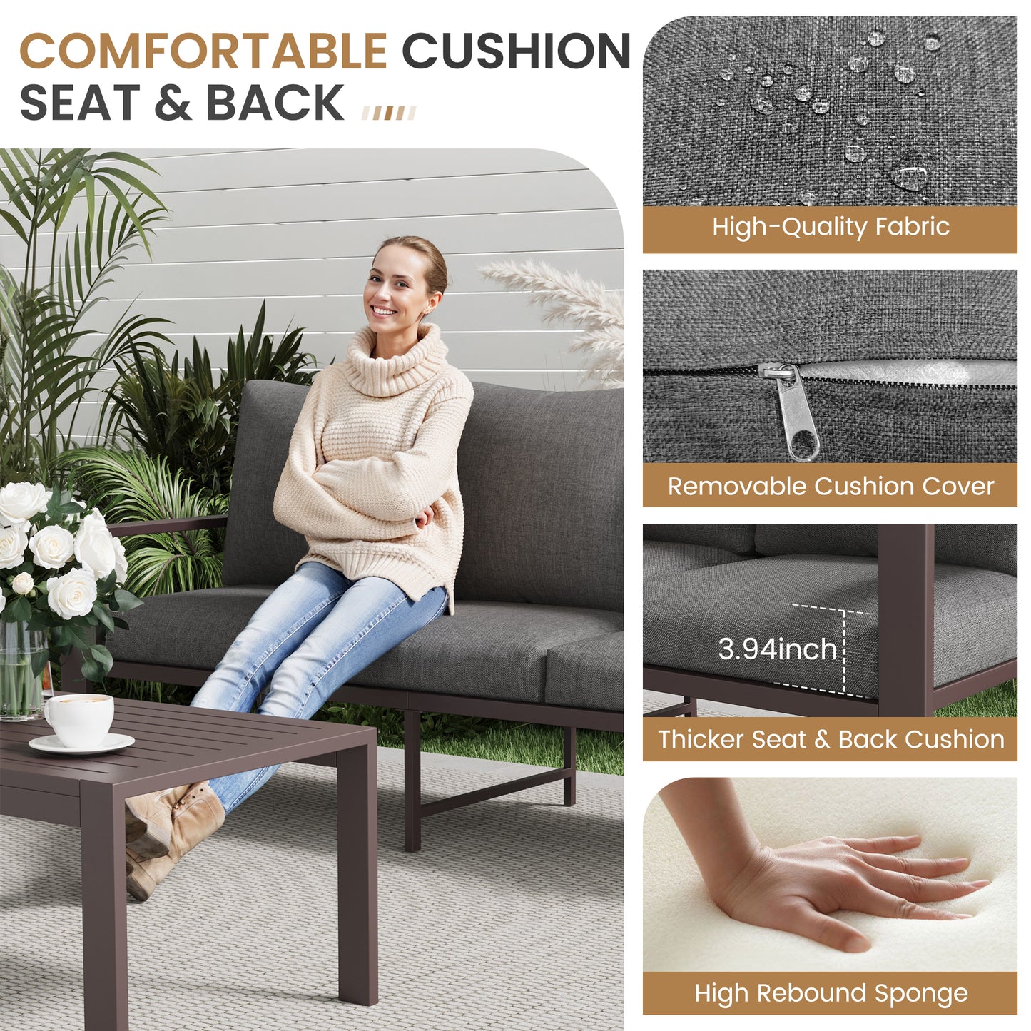 5-Piece Outdoor Furniture All-Weather Aluminum Patio Conversation Set with Coffee Table Rust-Proof Sectional Sofa Set with Removable Cushion for Deck, Backyard, Poolside & Small Spaces