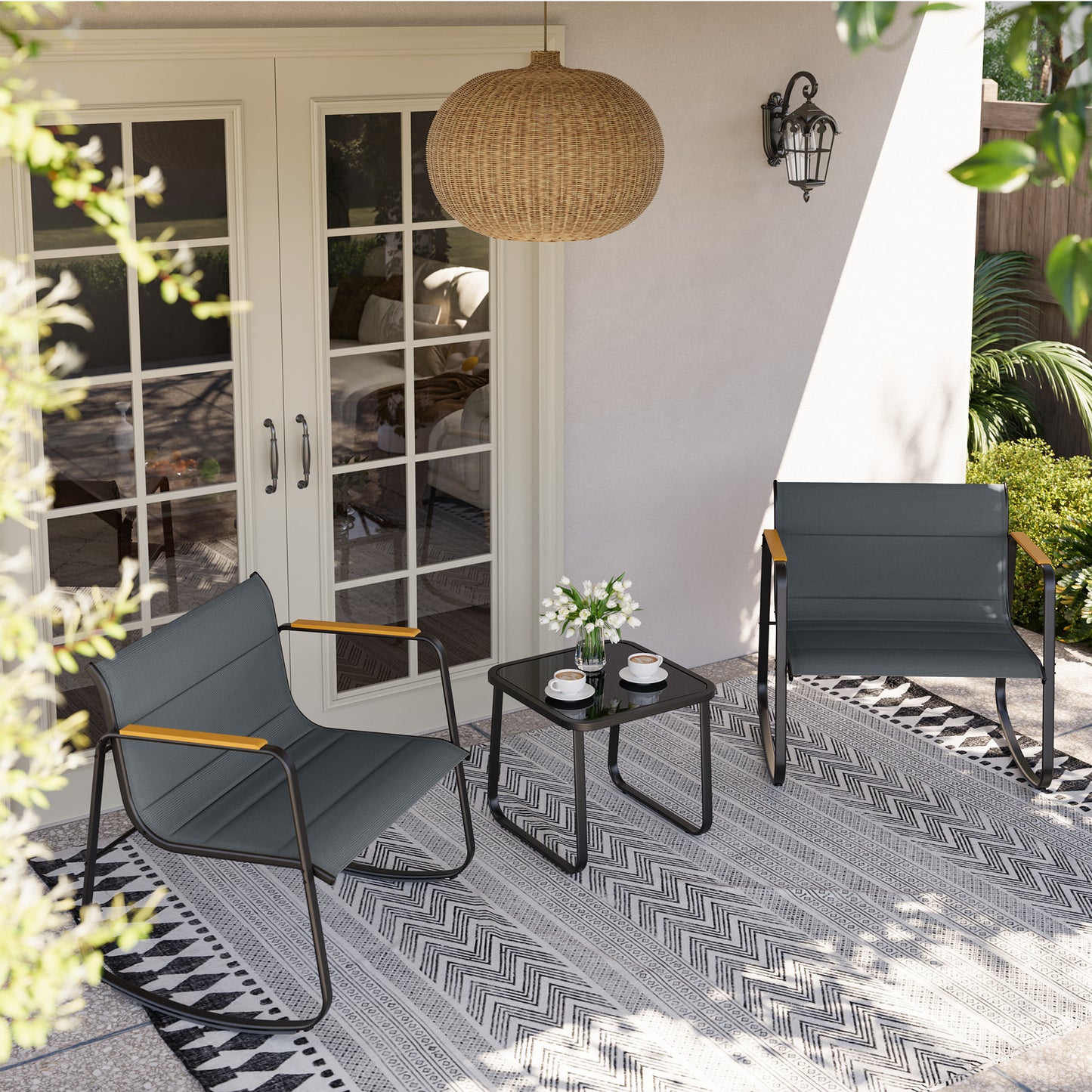 VONZOY 3 Piece Patio Rocking Bistro Set, Outdoor Furniture Sets with Rocker Chairs and Glass Coffee Table, Thick Padded Patio Bistro Sets for Front Porch, Front Porch，Backyard and Lawn (Grey)