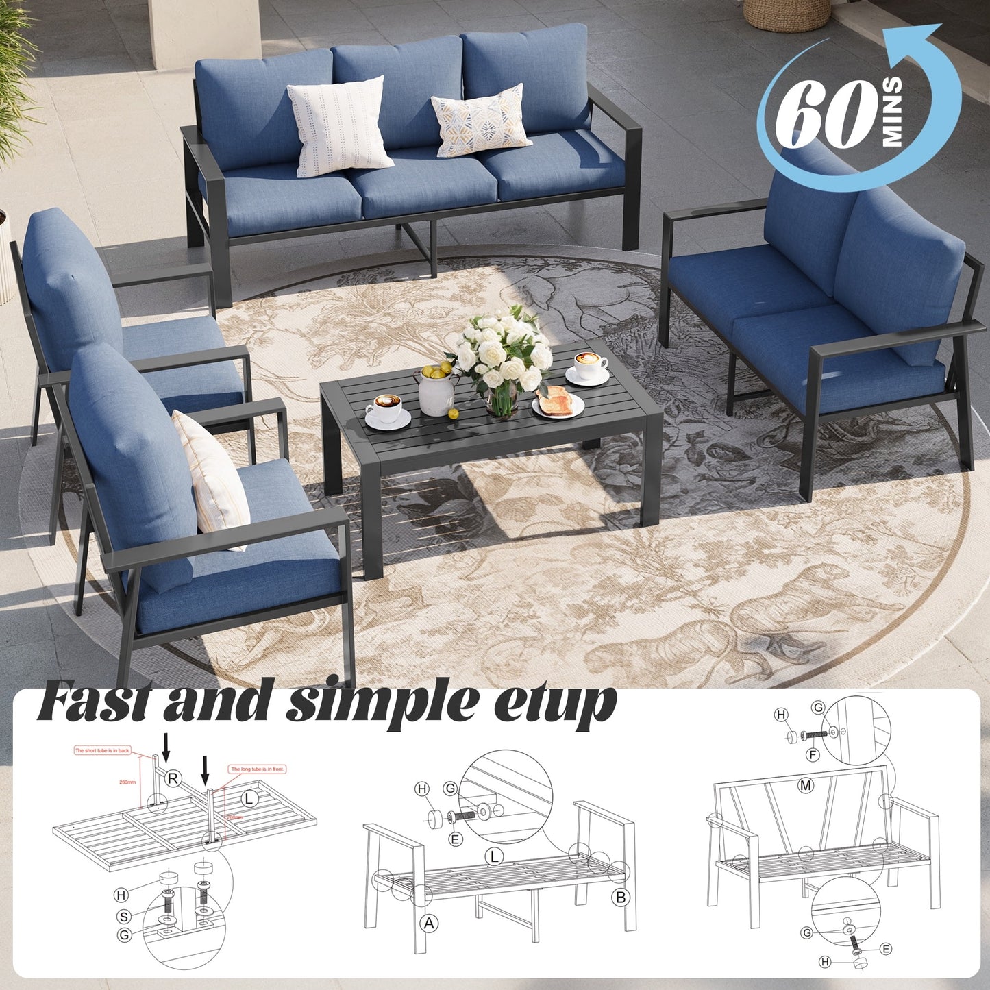 VONZOY 5 Pieces Aluminum Patio Furniture Set, Modern Patio Conversation Sets for Porch, Deck, Garden, 7-Seat Outdoor Metal Sofa Set with 4" Water-Resistant Cushion & Coffee Table,Navy