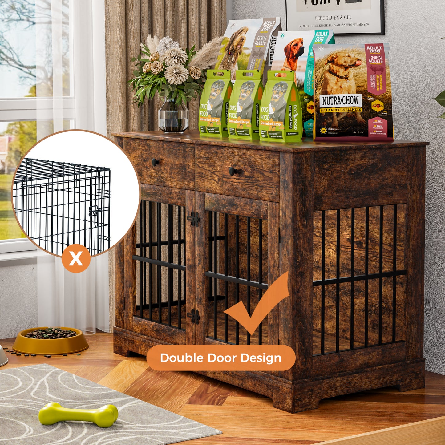 44.5" Dog Crate Furniture with Charging Station & 2 Drawers, Heavy-Duty Wooden Dog House Indoor Dog Kennel End Table with Double-Door Pet Cage for Small/Medium Dogs