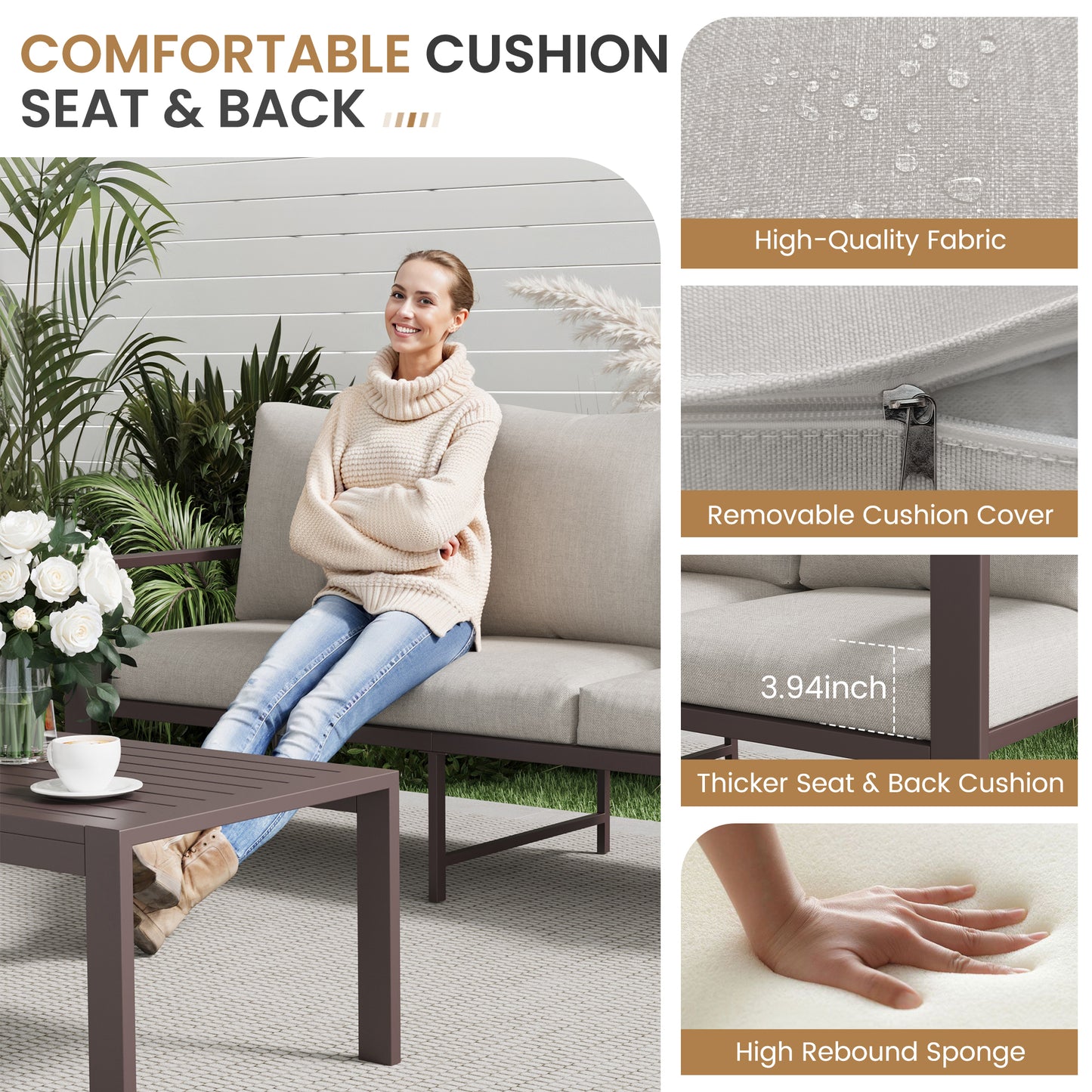 5-Piece Outdoor Furniture All-Weather Aluminum Patio Conversation Set with Coffee Table Rust-Proof Sectional Sofa Set with Removable Cushion for Deck, Backyard, Poolside & Small Spaces