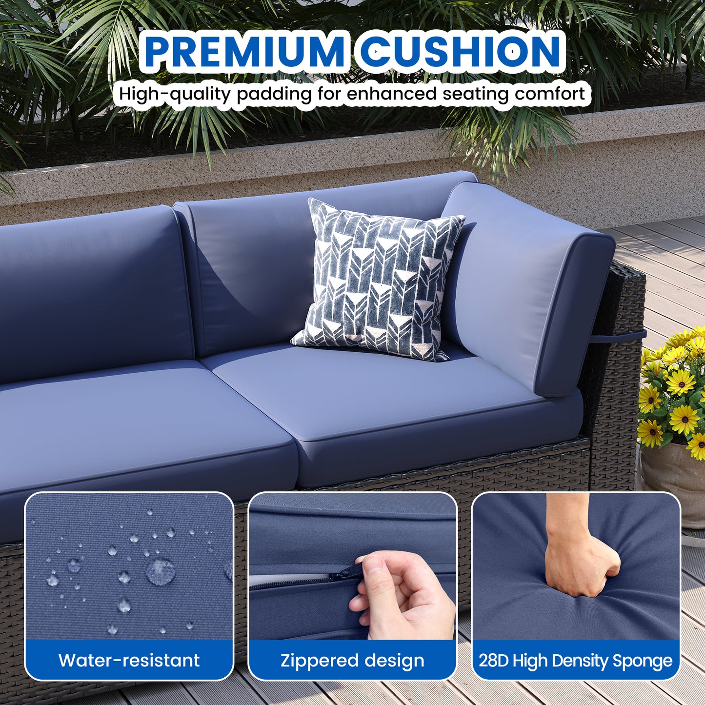 VONZOY 8-Piece Patio Furniture Set with 44” Fire Pit Table - All-Weather Wicker Conversation Sectional Sofa & Coffee Table with Thickened Cushions for Backyard, Garden(Navy Blue)