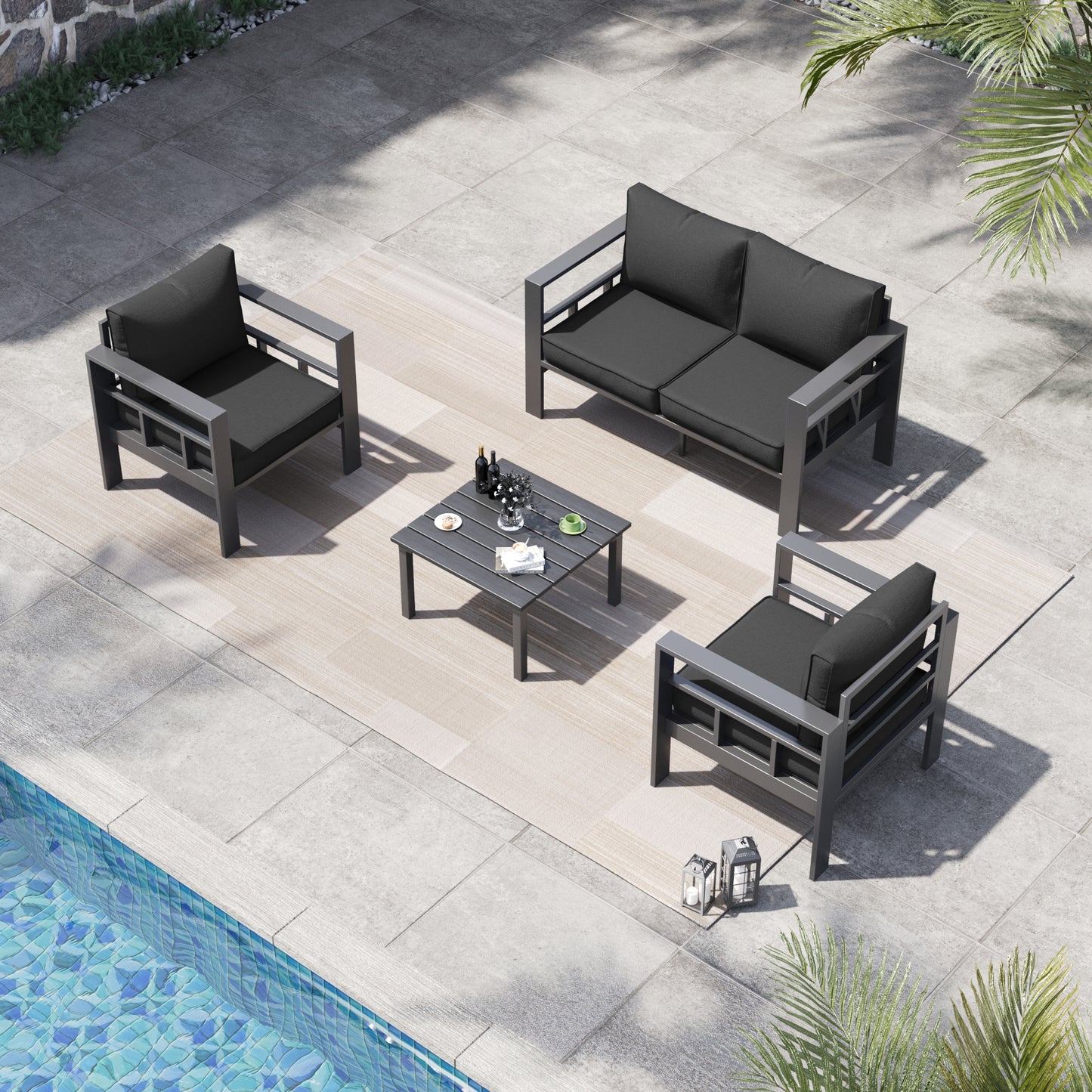 VONZOY 4 Piece Aluminum Patio Furniture Set, Thick Cushions, Aluminum Outdoor Sectional Conversation Set with Coffee Table for Porch, Backyard, Deck(Grey/Dark Grey-1)