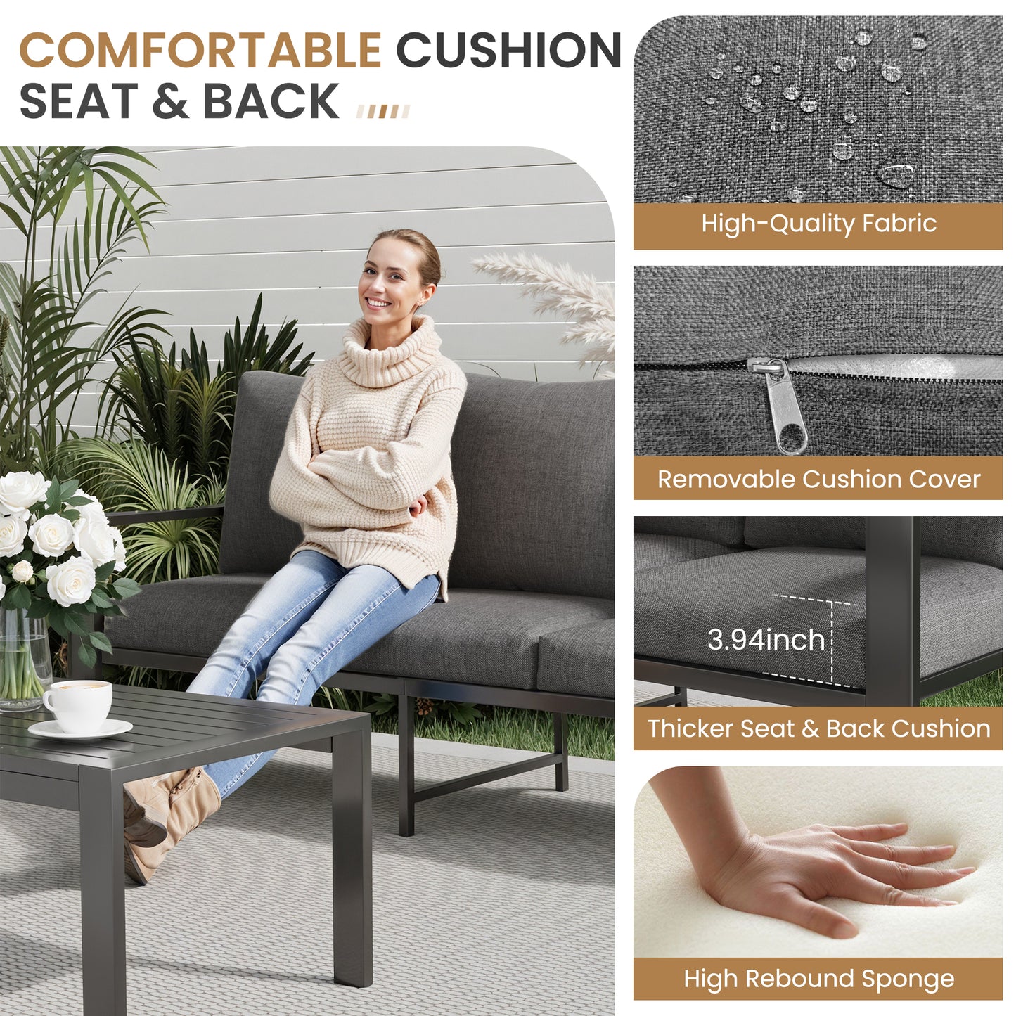 4-Piece Aluminum Patio Conversation Sets All-Weather Sectional Outdoor Furniture Set with Coffee Table & Cushions with Removable Covers for for Backyard, Garden and Poolside Easy Assembly(Gray)