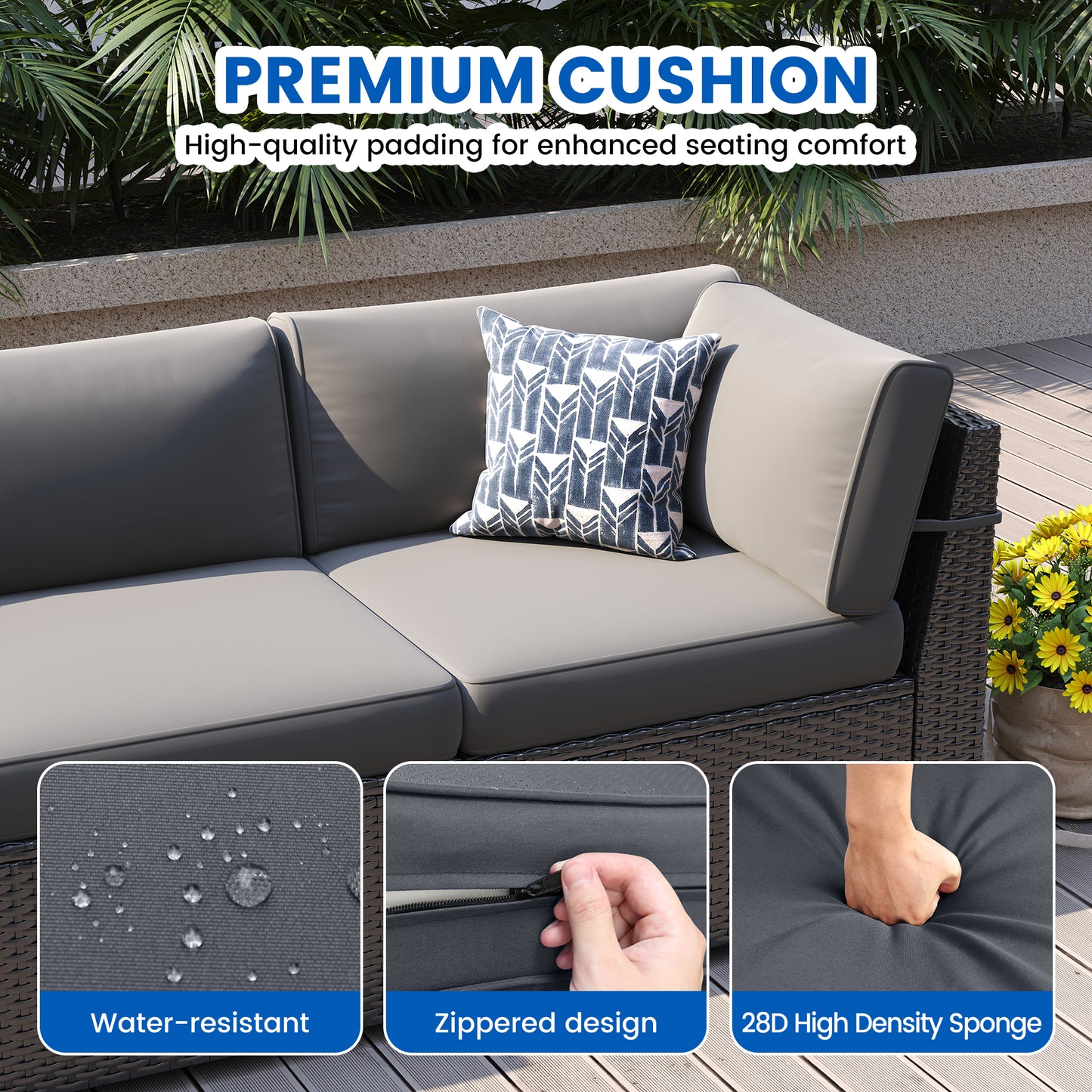 VONZOY 8-Piece Patio Furniture Set with 44” Fire Pit Table - All-Weather Wicker Conversation Sectional Sofa & Coffee Table with Thickened Cushions for Backyard, Garden(Grey)