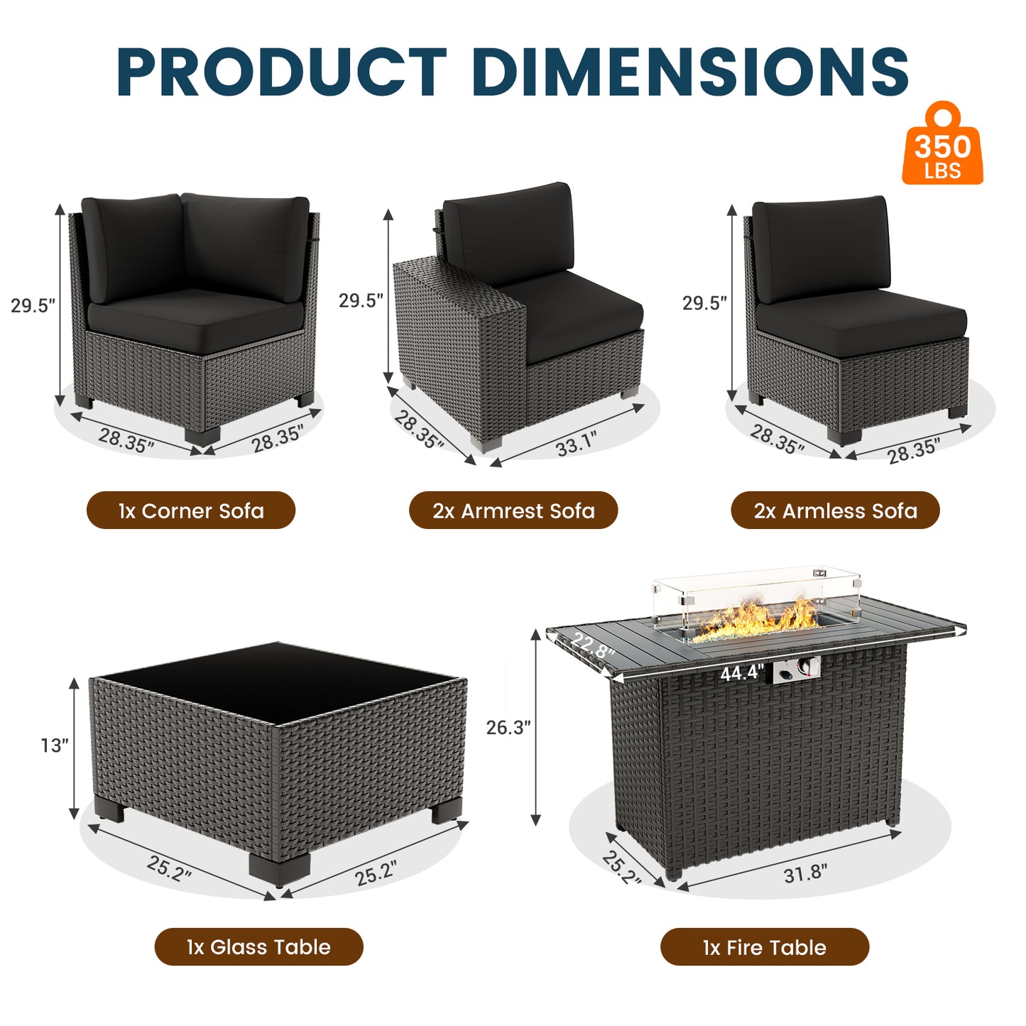 VONZOY 7 Piece Patio Furniture Set with 44" Fire Pit Table