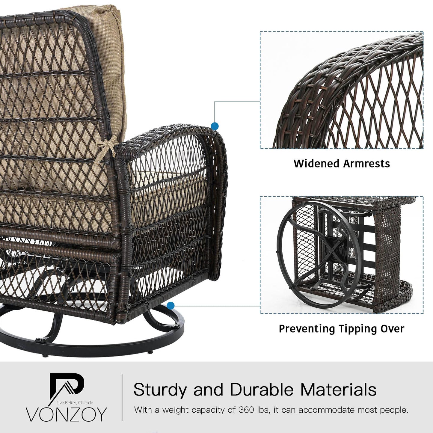VONZOY 3 Pieces Patio Furniture Set, Outdoor Swivel Glider Rocker, Wicker Patio Bistro Set with Rocking Chair, Thickened Cushions and Table for Porch (Khaki)