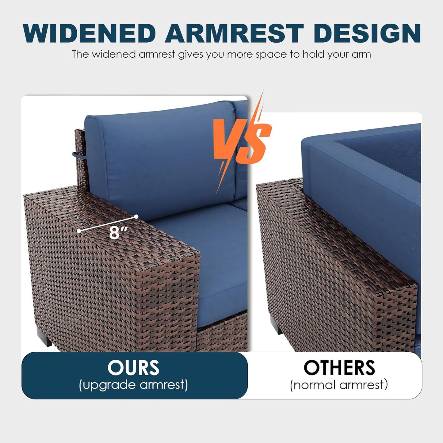 Patio Furniture Set, 6 Pieces Outdoor Sectional Sofa Conversation Sets Modern Wicker Seating Set, 4'' Thickened Cushions 1 Glass Coffee Table for Backyard Poolside, Navy Blue
