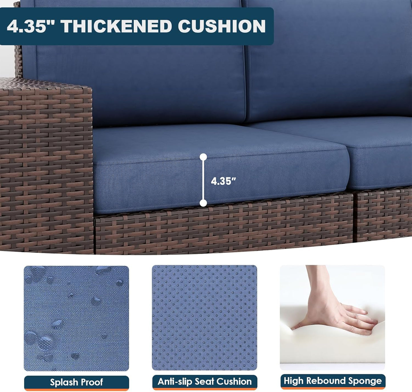 Patio Furniture Set, 6 Pieces Outdoor Sectional Sofa Conversation Sets Modern Wicker Seating Set, 4'' Thickened Cushions 1 Glass Coffee Table for Backyard Poolside, Navy Blue