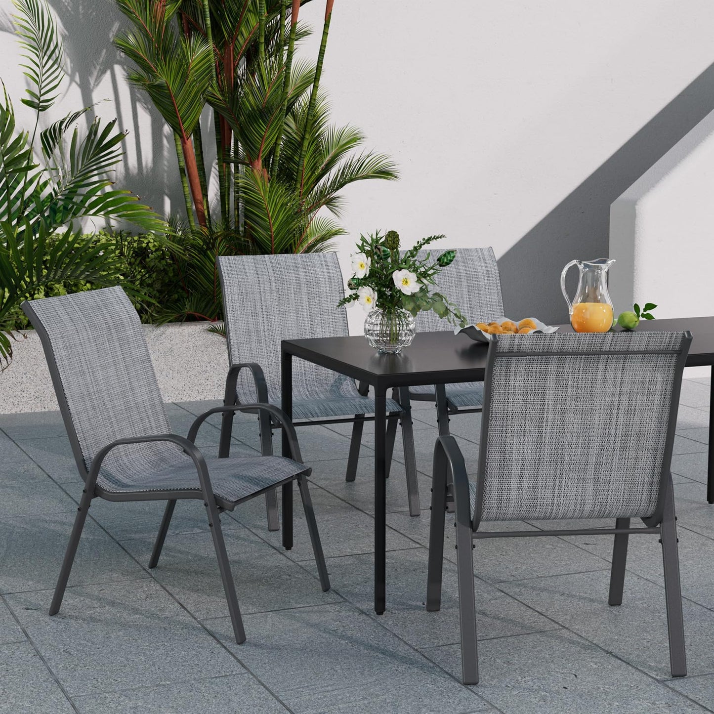 Patio Dining Chairs Set of 2, Outdoor High Stacking Chairs for All Weather, Breathable Seat Fabric and Alloy Steel Frame for Backyard, Porch, Garden(Grey)