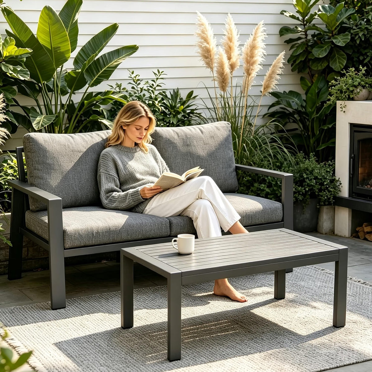 Outdoor Aluminum Loveseat Sofa with Coffee Table Patio Love Seat Couch Loveseat & Table Set with 4"" Cushion Patio Furniture Conversation Set Outdoor Use for Poolside,Balcony,Deck,Yard