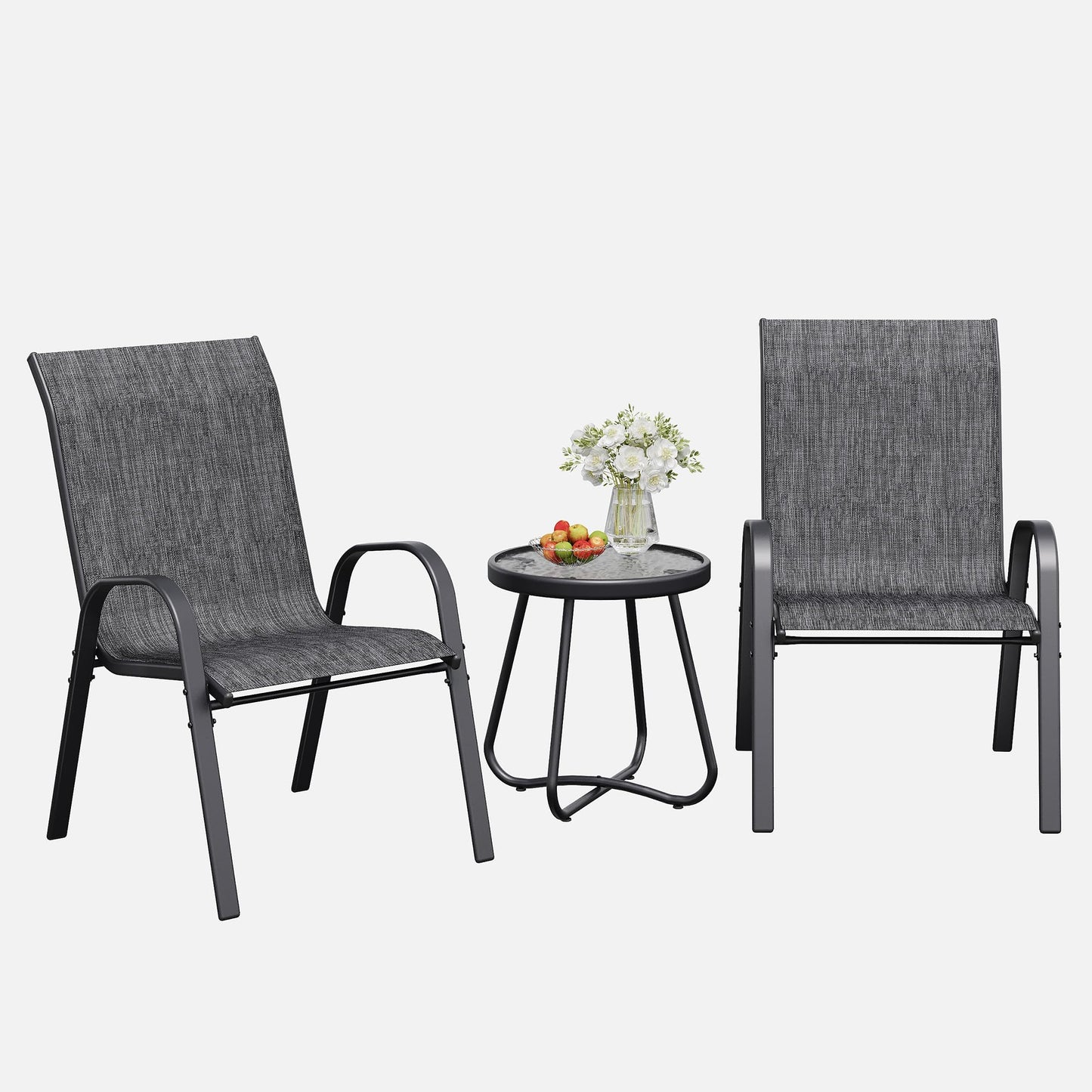 Patio Table and Chairs Set - 3 Piece Outdoor Stackable Dinging Chairs for All Weather,Breathable Garden Furniture for Deck Garden Backyard (Dark Grey)