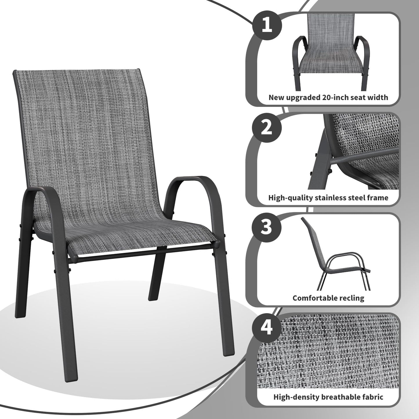 Patio Dining Chairs Set of 2, Outdoor High Stacking Chairs for All Weather, Breathable Seat Fabric and Alloy Steel Frame for Backyard, Porch, Garden(Grey)