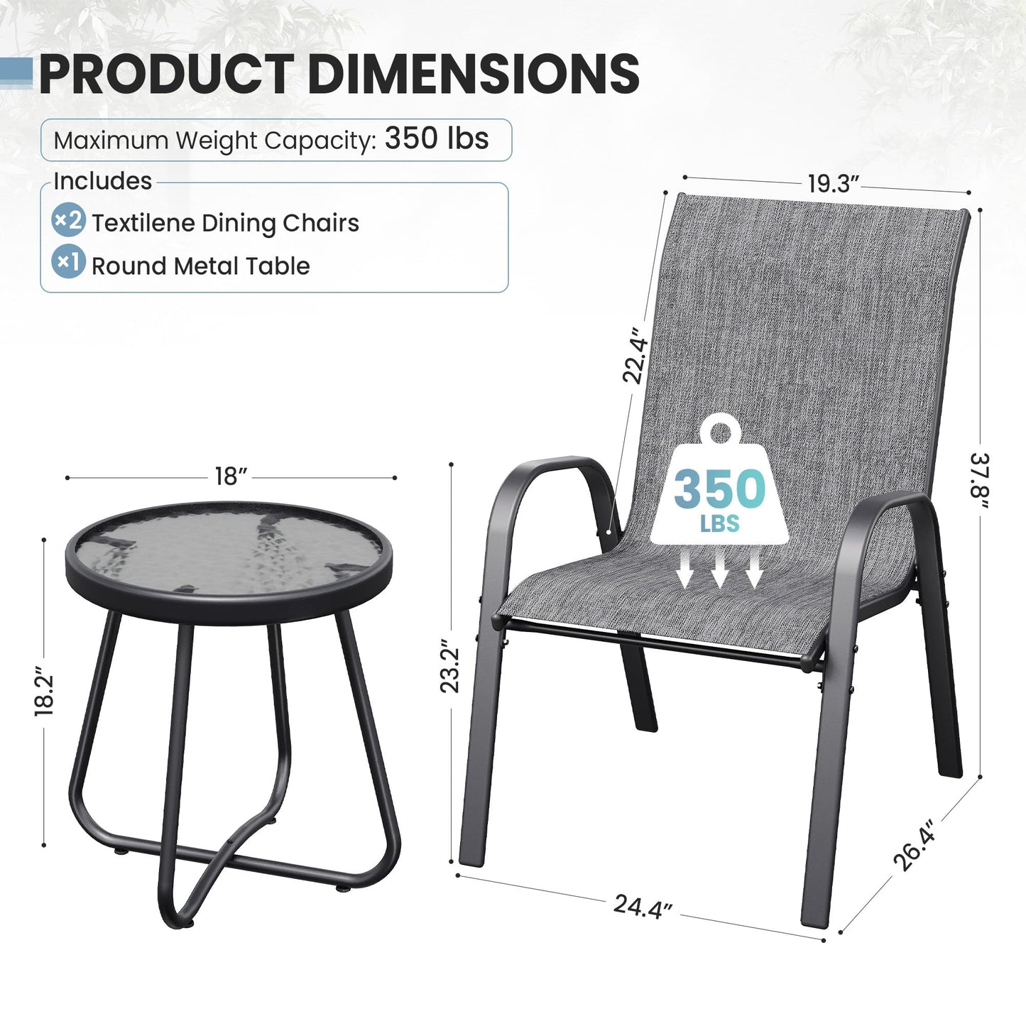 Patio Table And Chairs Set - 3 Piece Outdoor Stackable Dinging Chairs For All Weather,Breathable Garden Furniture For Deck Garden Backyard (Light Grey)